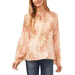 CeCe Women's Pleated Floral-Print Long-Sleeve Top Size M